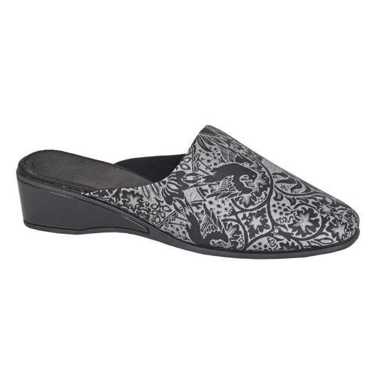 Black-Silver - Front - Sleepers Womens-Ladies Priya Brocade Mule Slippers