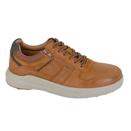 Tan - Front - Route 21 Mens Original Denim Leather Zip Trainers