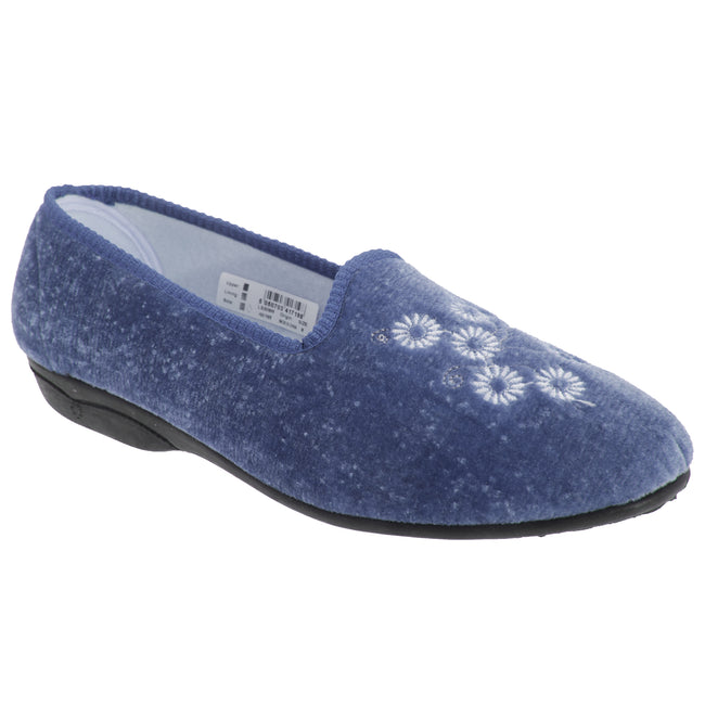 Blueberry - Front - Zedzzz Womens-Ladies Cathy Floral Embroidered Velour Slippers