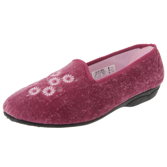 Heather - Front - Zedzzz Womens-Ladies Cathy Floral Embroidered Velour Slippers