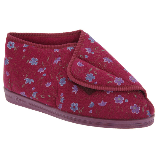 Wine - Front - Comfylux Womens-Ladies Andrea Floral Bootee Slippers