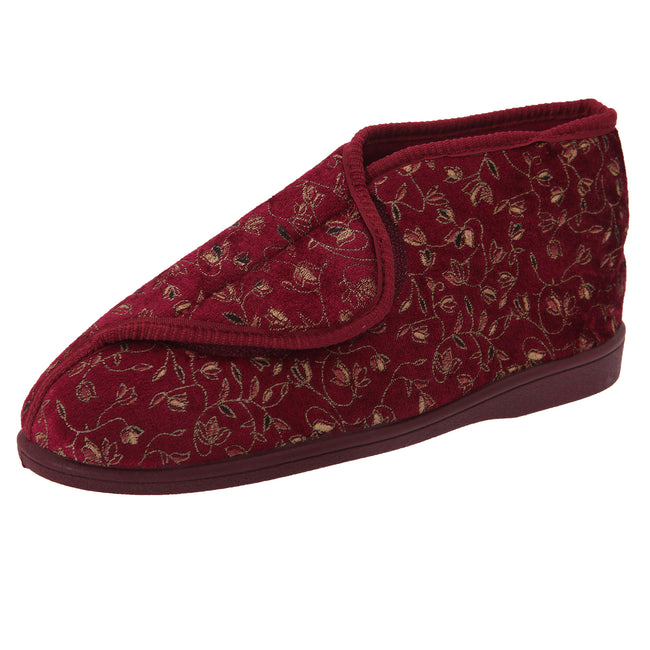Wine - Back - Zedzzz Womens-Ladies Geraldine Touch Fastening Floral Bootee Slippers