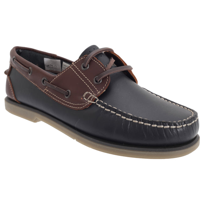 Navy Blue-Brown Leather - Front - Dek Mens Moccasin Boat Shoes