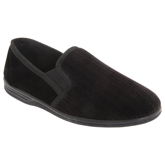 Black - Front - Zedzzz Mens Richard Striped Twin Gusset Velour Slippers