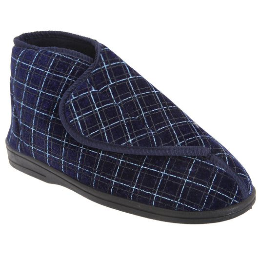 Navy Blue - Front - Zedzzz Mens Bertie Check Velour Touch Fastening Bootee Slippers
