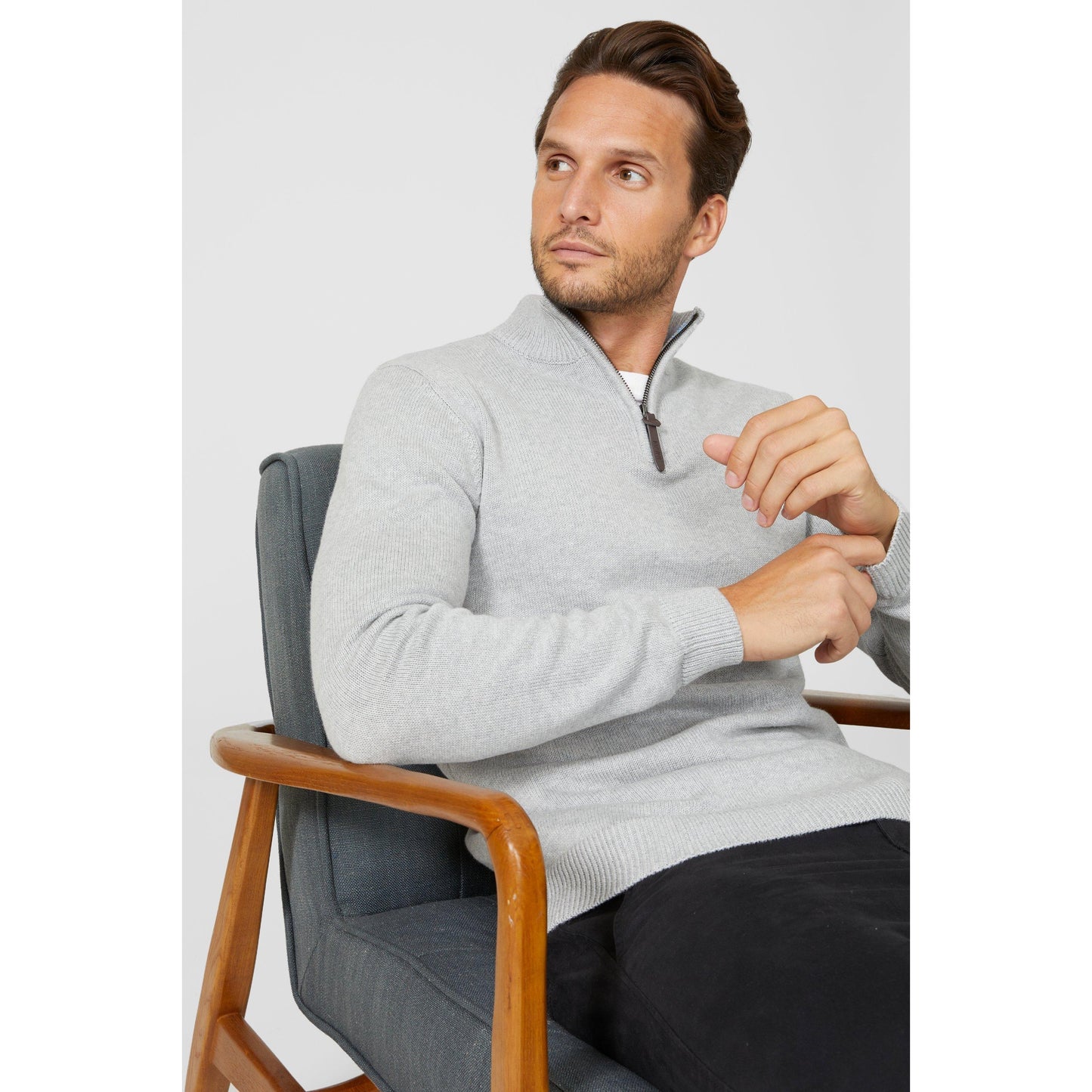 Light Grey - Side - Maine Mens Premium Cotton Funnel Neck Jumper