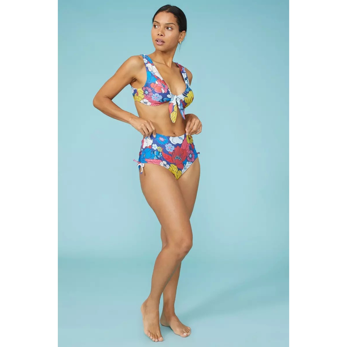 Red-Blue-Yellow - Pack Shot - Debenhams Womens-Ladies Ruched Tie Detail High Waist Bikini Bottoms