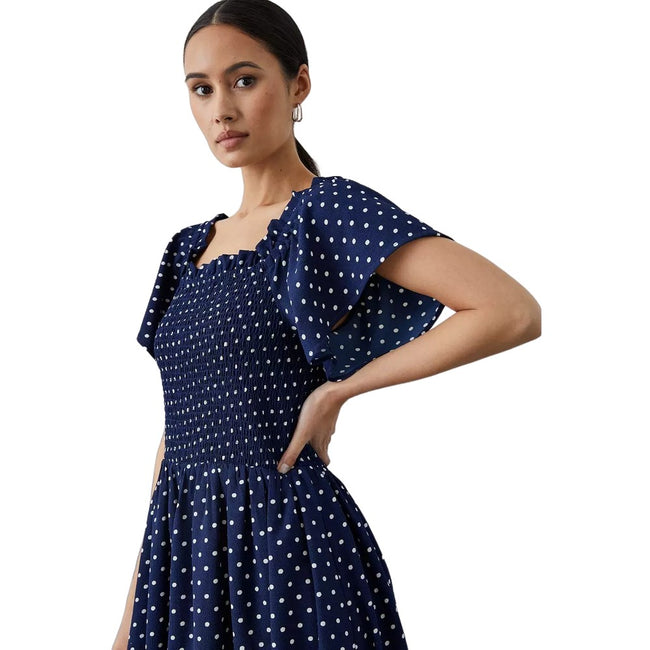 Navy - Side - Principles Womens-Ladies Spotted Puff Sleeve Midi Dress