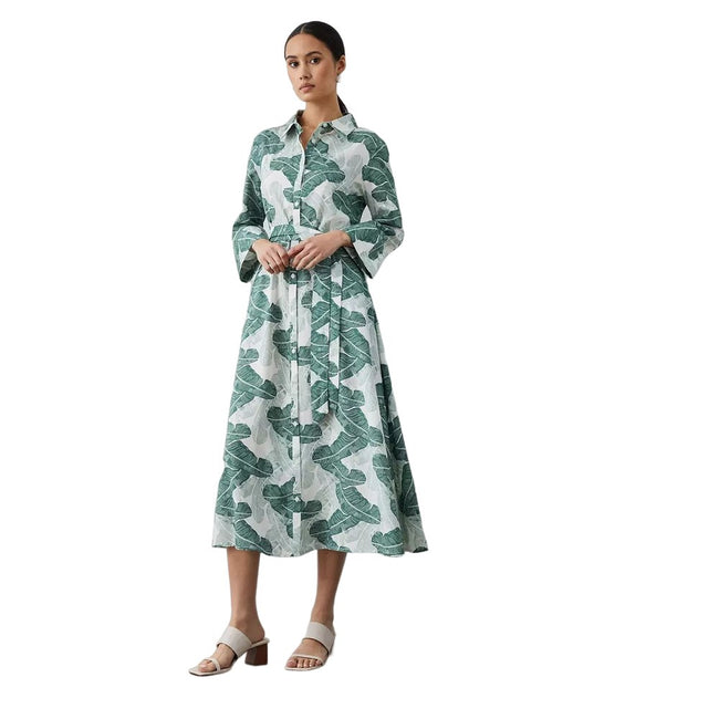 Green - Lifestyle - Principles Womens-Ladies Leaf Print Long-Sleeved Shirt Dress