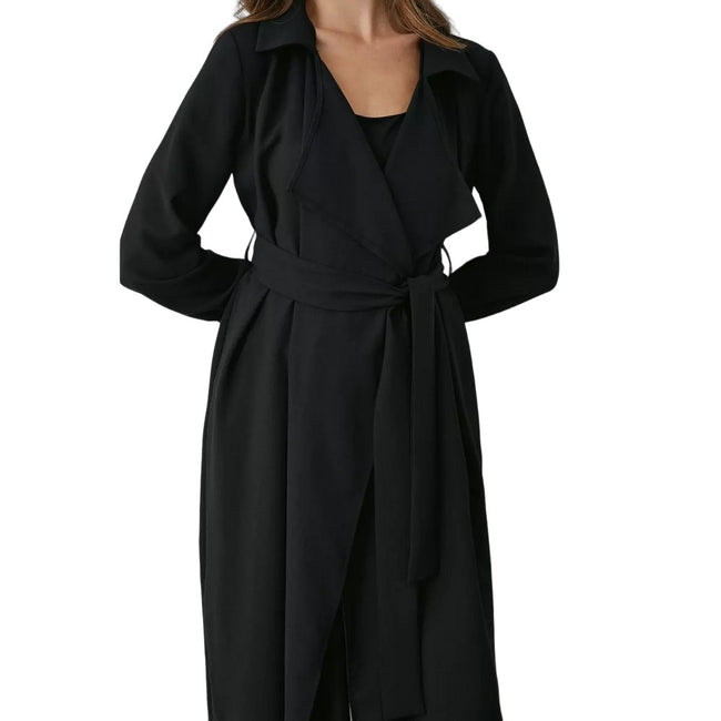 Black - Side - Principles Womens-Ladies Belted Waterfall Collar Longline Duster