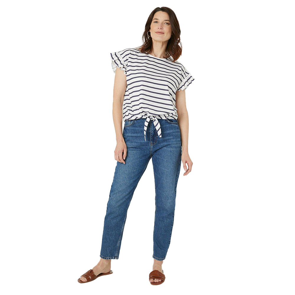 White-Black - Lifestyle - Maine Womens-Ladies Stripe Tied Hem Short-Sleeved Top