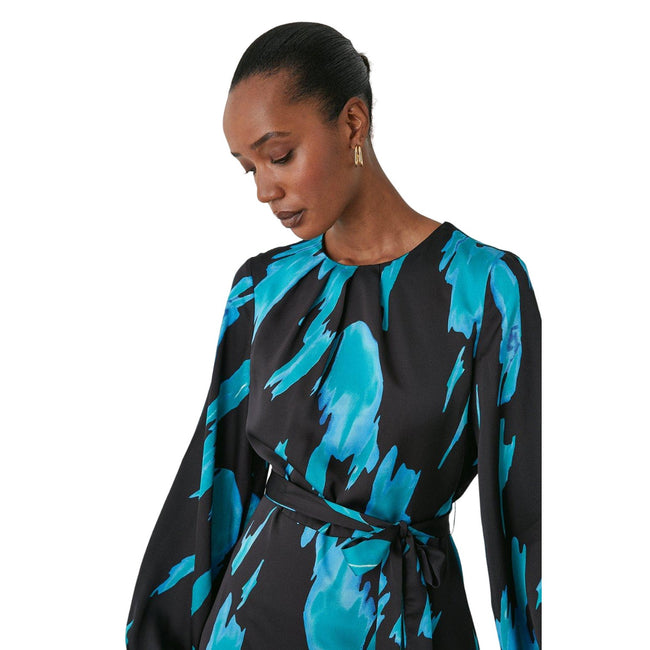 Teal - Side - Principles Womens-Ladies Abstract Belt Long-Sleeved Midi Dress