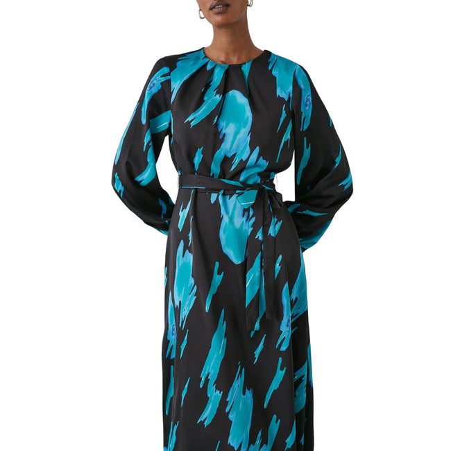 Teal - Lifestyle - Principles Womens-Ladies Abstract Belt Long-Sleeved Midi Dress