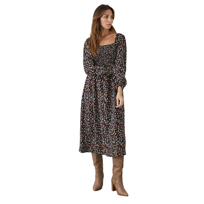 Black - Front - Principles Womens-Ladies Abstract Shirred Long-Sleeved Midi Dress