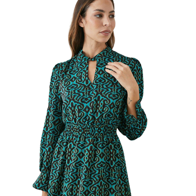 Teal-Black - Side - Principles Womens-Ladies Damask Shirred Waist Midi Dress