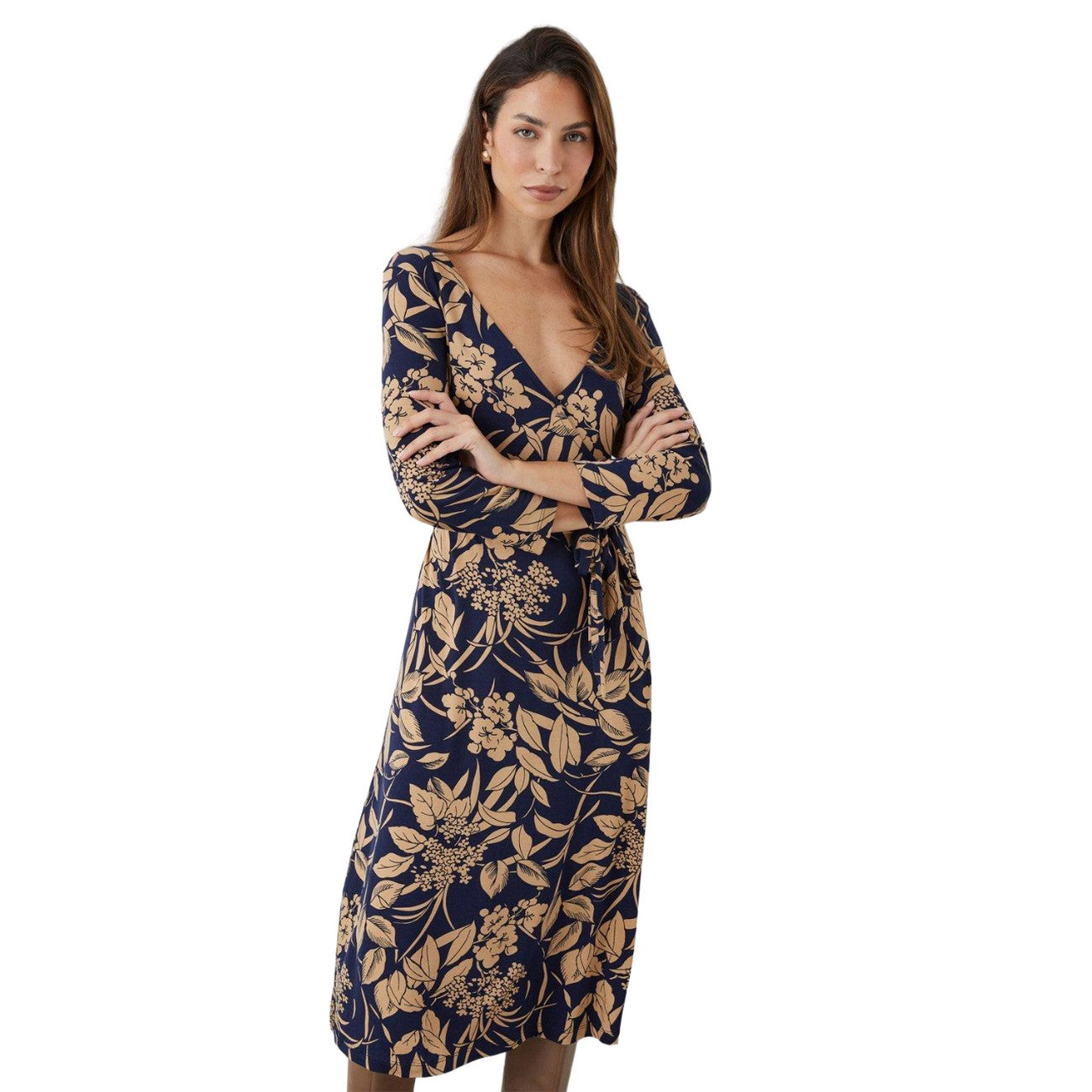 Navy-Cream - Side - Principles Womens-Ladies Floral Wrap Midi Dress