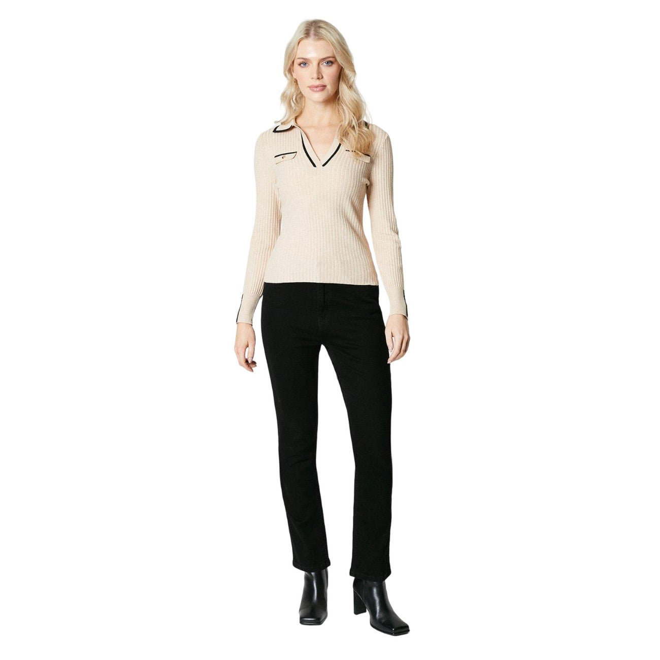 Oatmeal - Side - Principles Womens-Ladies Tipped Ribbed V Neck Jumper
