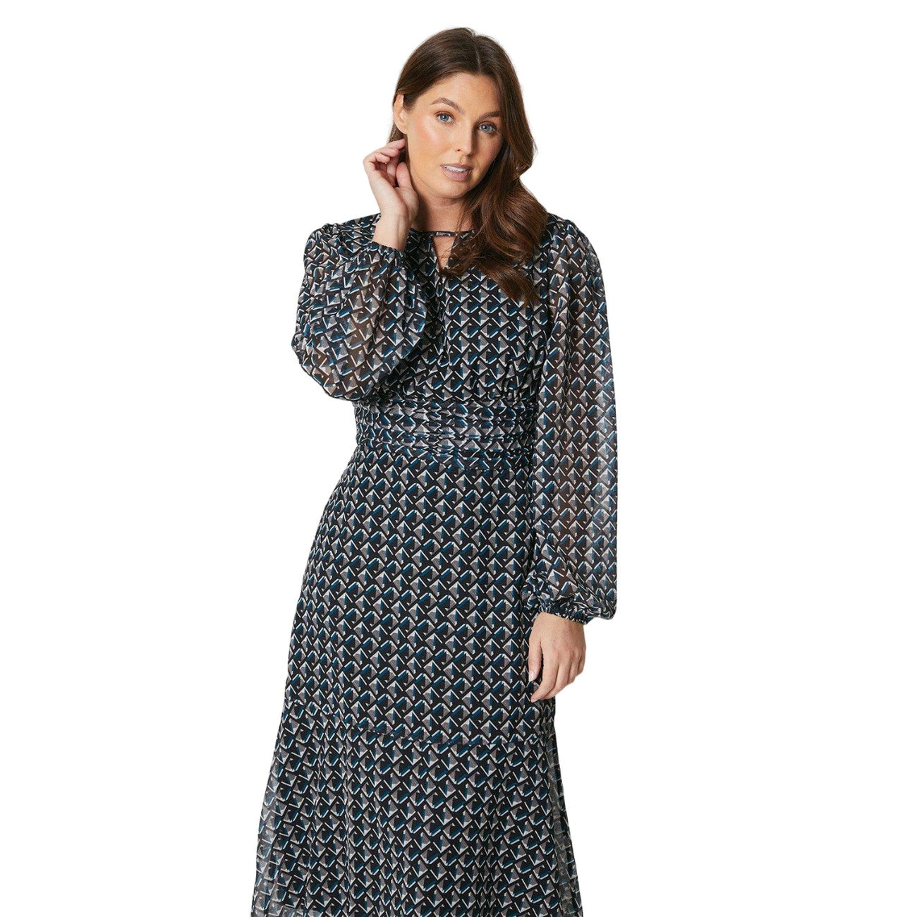 Green-White - Side - Principles Womens-Ladies Geometric Keyhole Midi Dress
