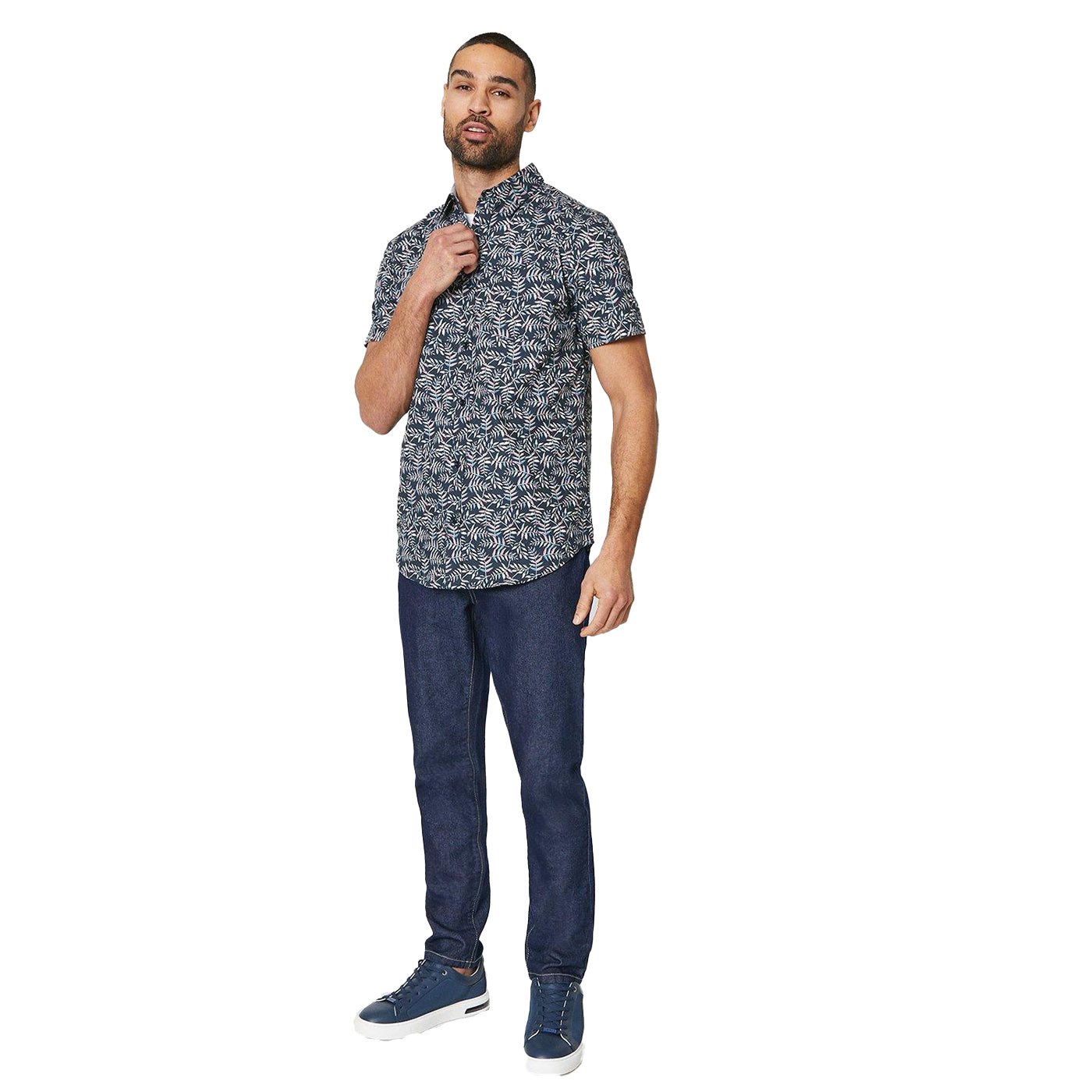 Navy - Pack Shot - Maine Mens Willow Print Short-Sleeved Shirt