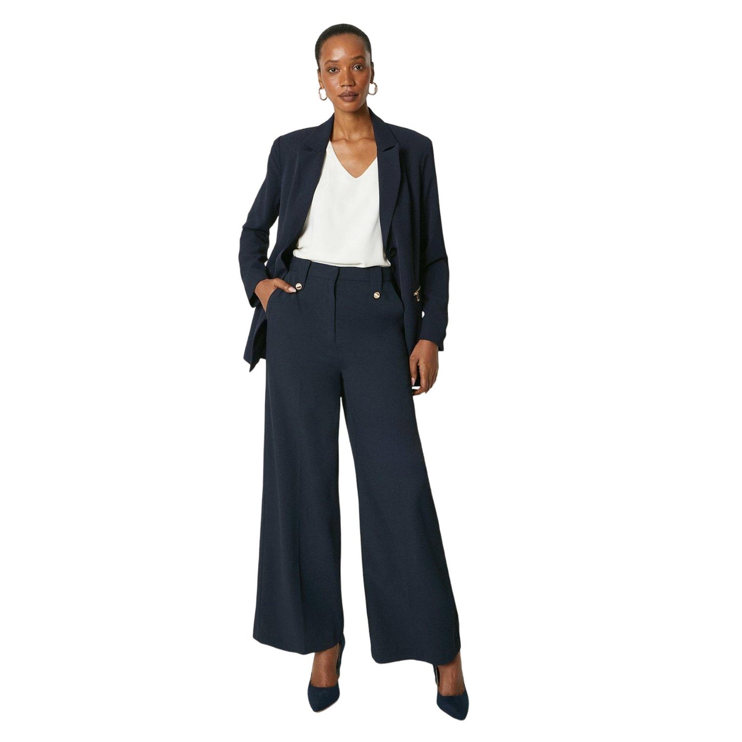 Navy - Side - Principles Womens-Ladies Button Detail Wide Leg Trousers