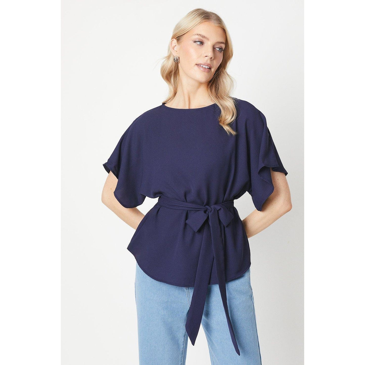 Navy - Front - Principles Womens-Ladies Belted Batwing Sleeve Top