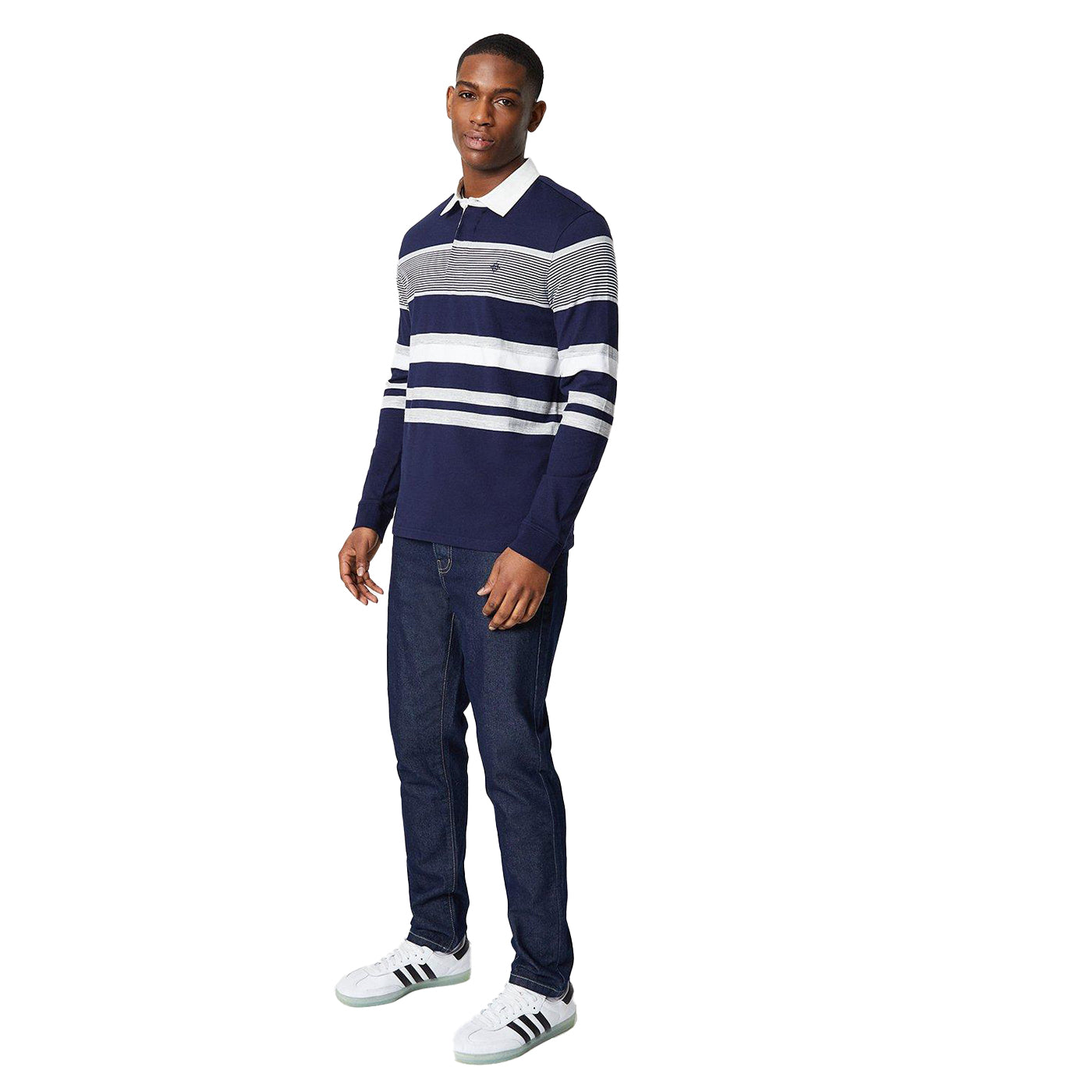 Navy - Lifestyle - Maine Mens Placement Stripe Oxford Rugby Shirt