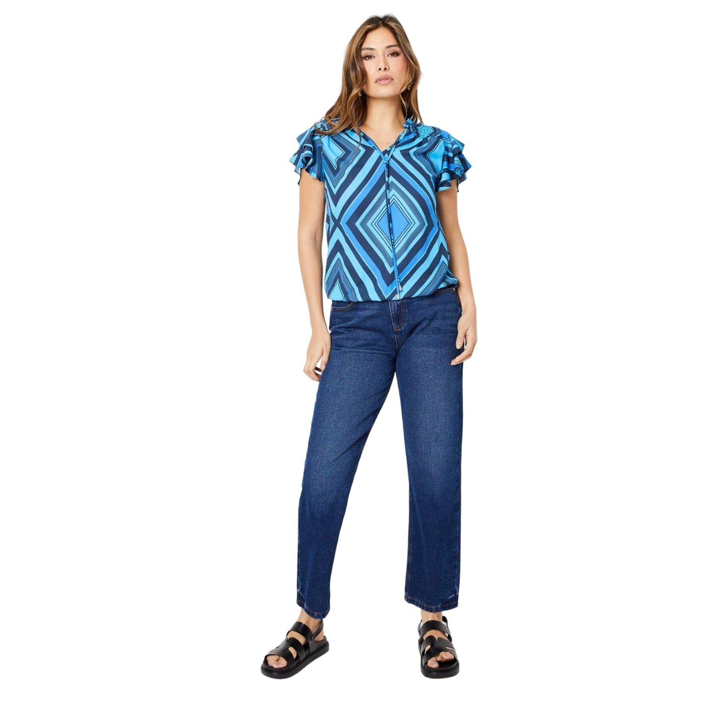Blue - Side - Principles Womens-Ladies Geometric Bubble Hem Flute Top