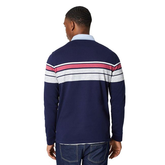 Dark Blue - Back - Maine Mens Henley Placement Stripe Rugby Shirt