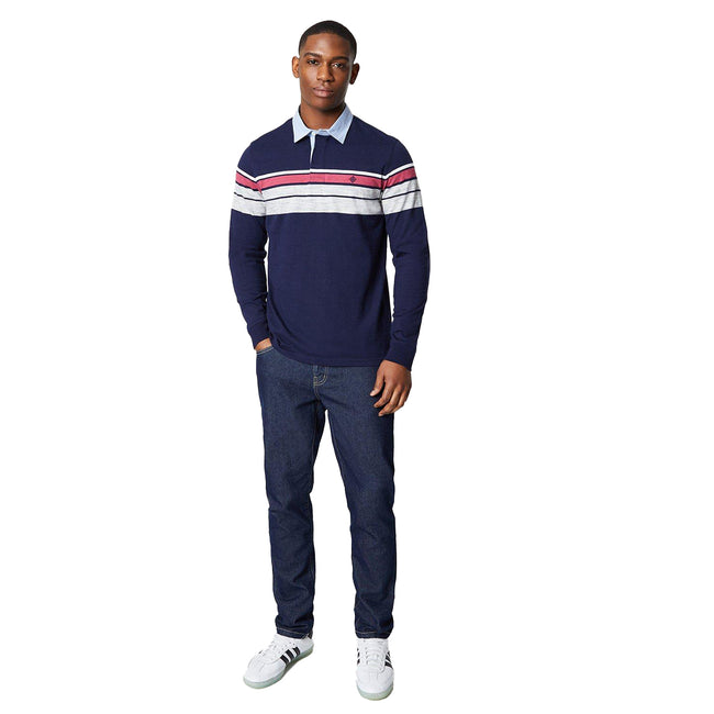Dark Blue - Lifestyle - Maine Mens Henley Placement Stripe Rugby Shirt