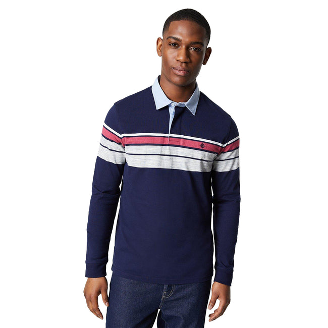 Dark Blue - Front - Maine Mens Henley Placement Stripe Rugby Shirt