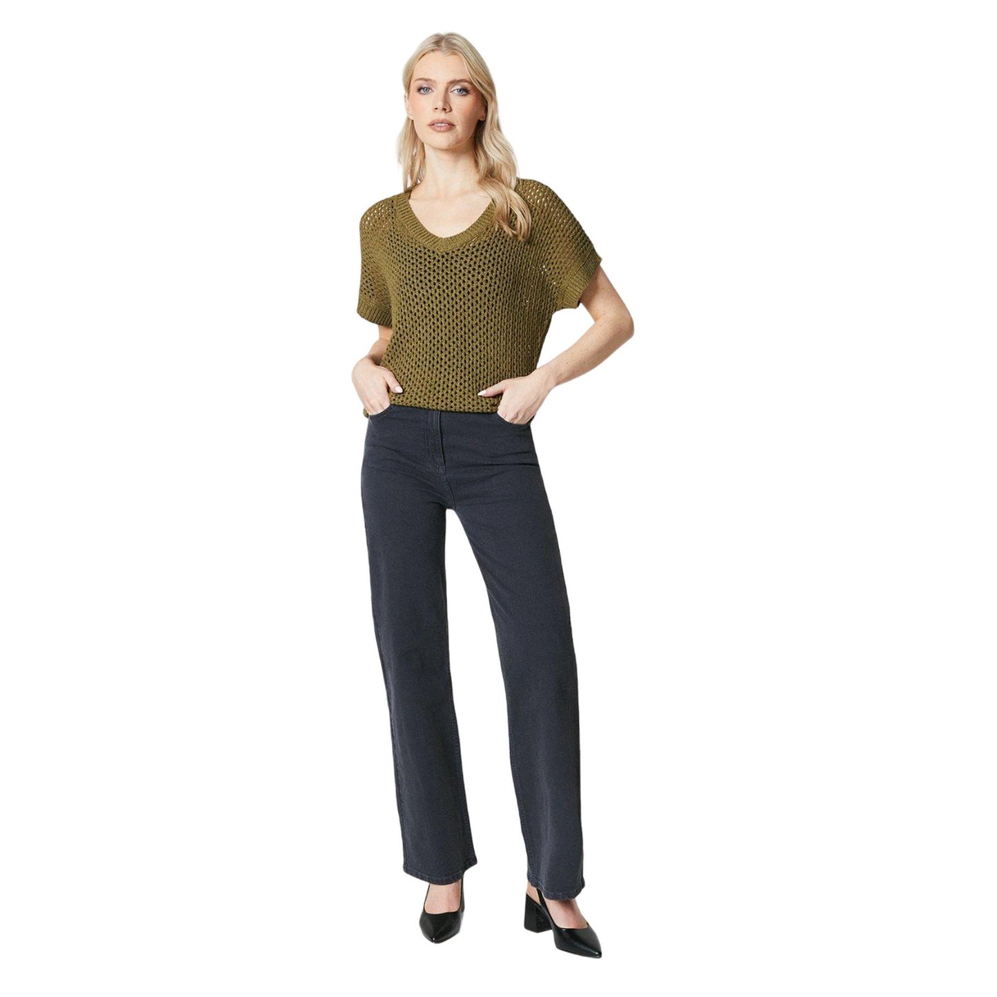 Khaki Green - Side - Principles Womens-Ladies Knitted V Neck Relaxed Fit T-Shirt