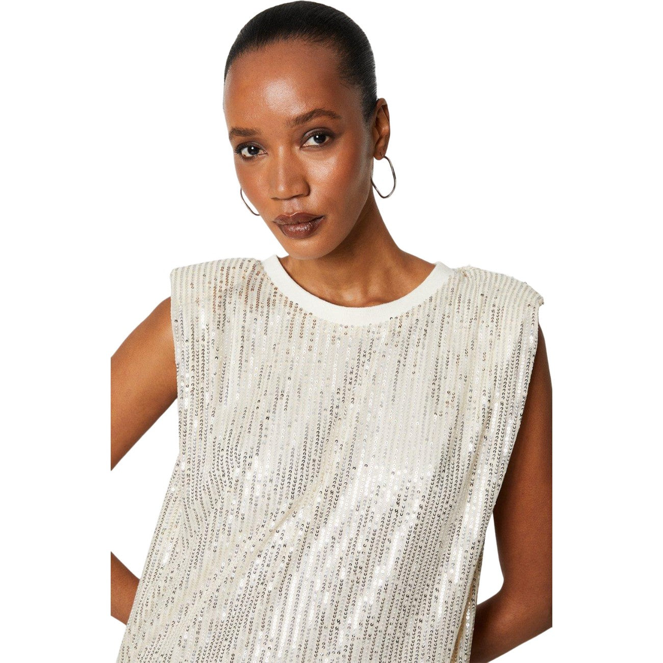 Champagne - Side - Principles Womens-Ladies Sequin Shoulder Pad Shift Dress
