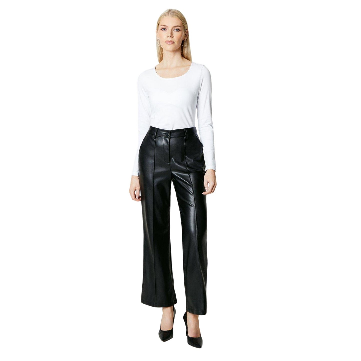 Black - Side - Principles Womens-Ladies Faux Leather Straight Leg High Waist Trousers