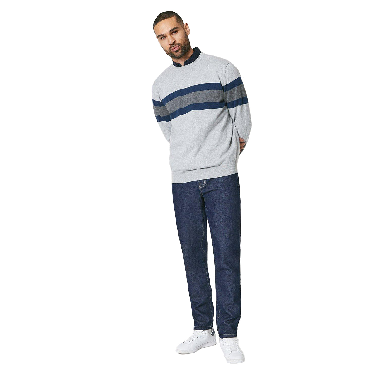 Light Grey - Lifestyle - Maine Mens Chest Stripe Crew Neck Jumper