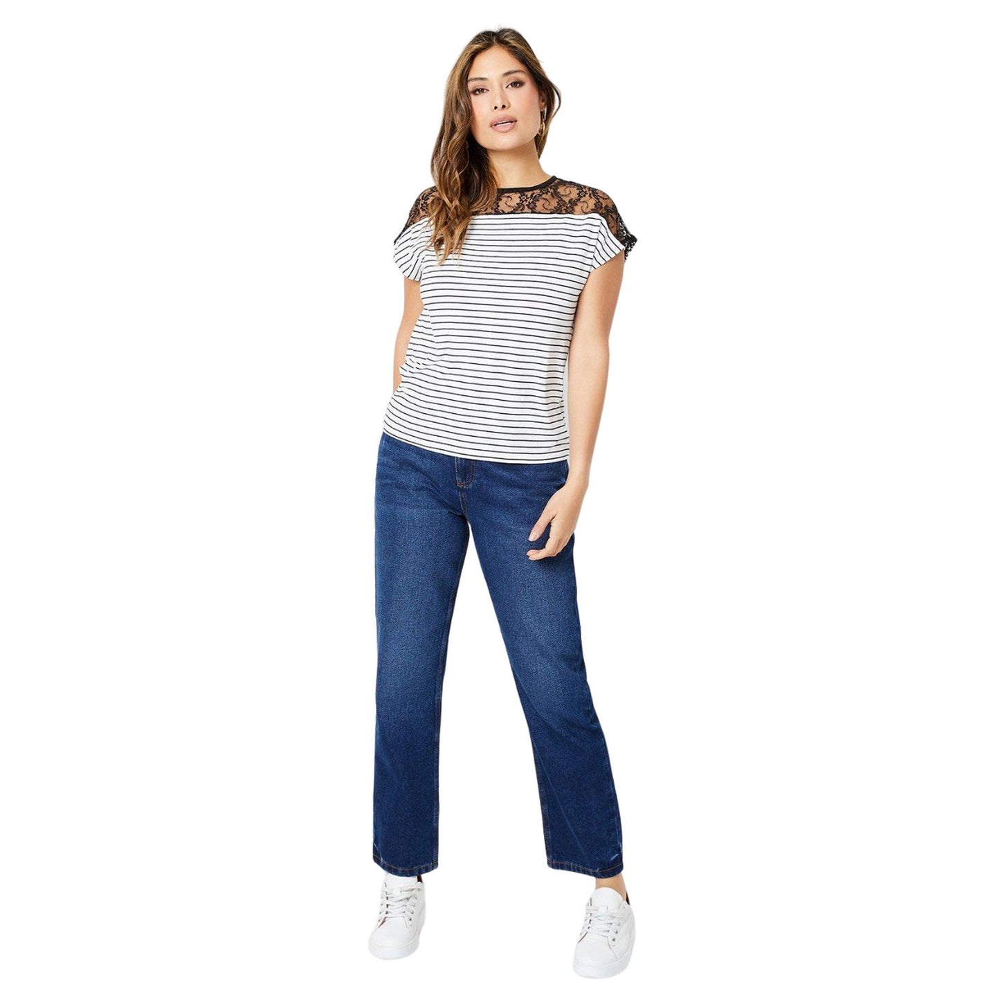 Ivory - Side - Principles Womens-Ladies Striped Lace Detail T-Shirt