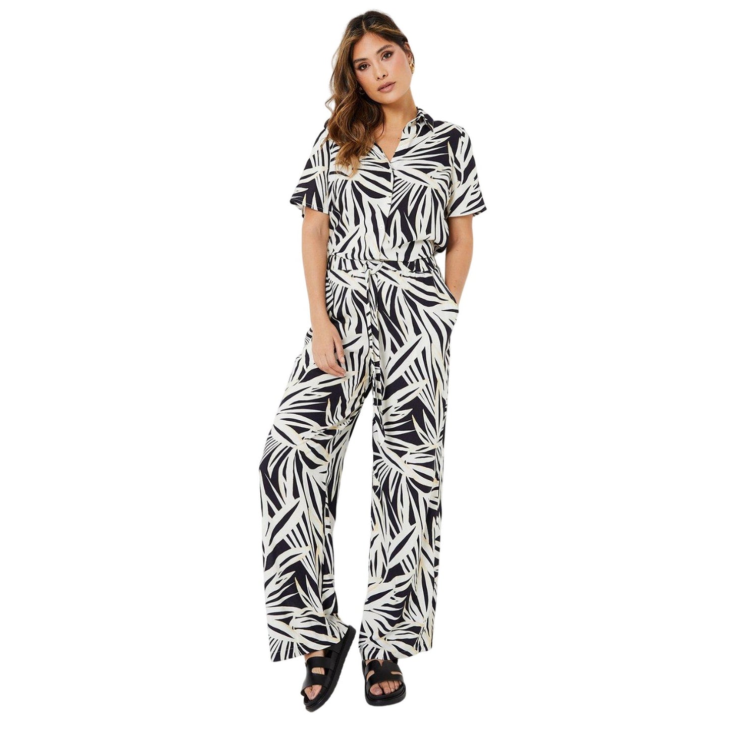 Monochrome - Side - Principles Womens-Ladies Palm Print Pull-On Wide Leg Trousers