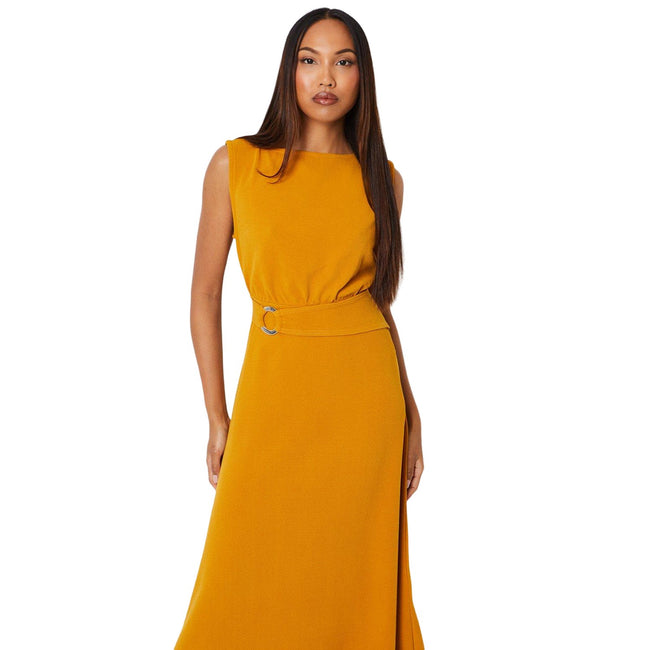 Ochre - Side - Debenhams Womens-Ladies Textured Jersey Belt Midi Dress
