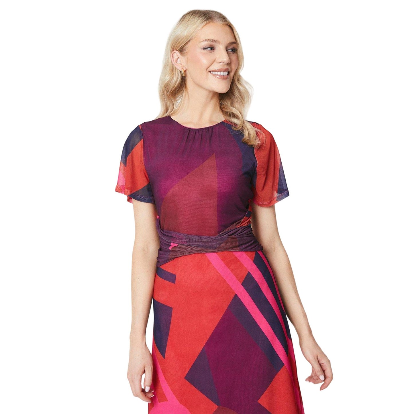Pink - Side - Principles Womens-Ladies Geometric Mesh Twist Waist Midi Dress