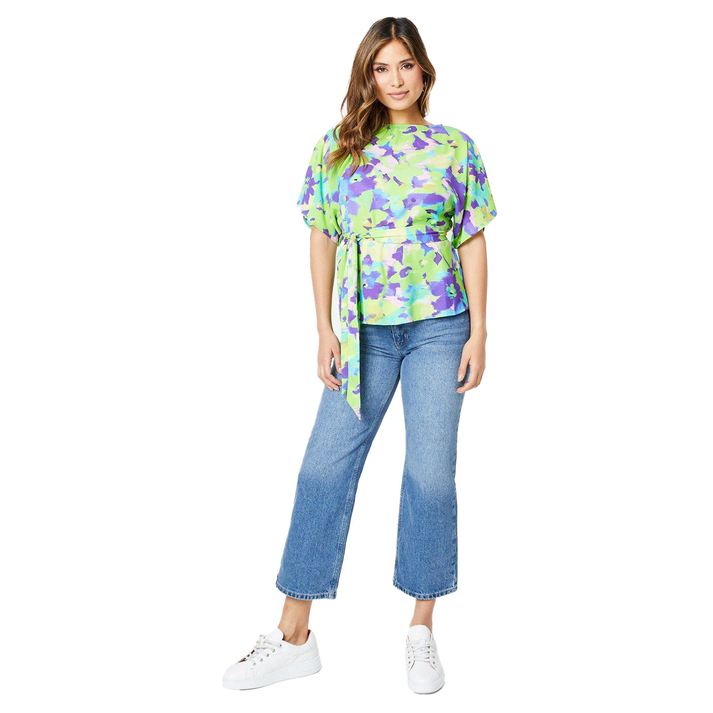 Multicoloured - Lifestyle - Principles Womens-Ladies Abstract Floral Belt Batwing Sleeve Top
