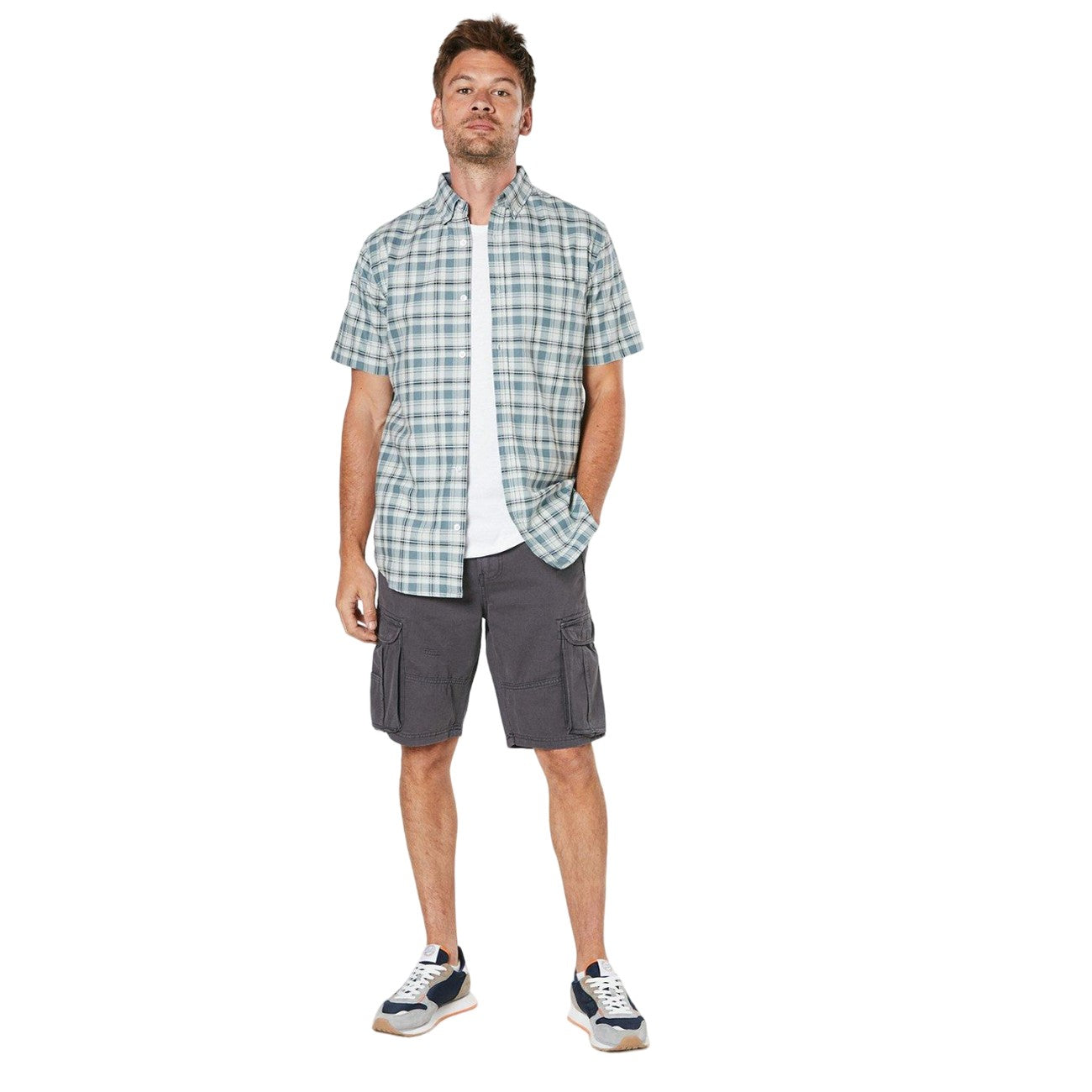Light Grey - Lifestyle - Maine Mens Checked Oxford Short-Sleeved Shirt