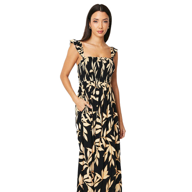 Black - Lifestyle - Principles Womens-Ladies Leaf Print Shirred Midi Dress