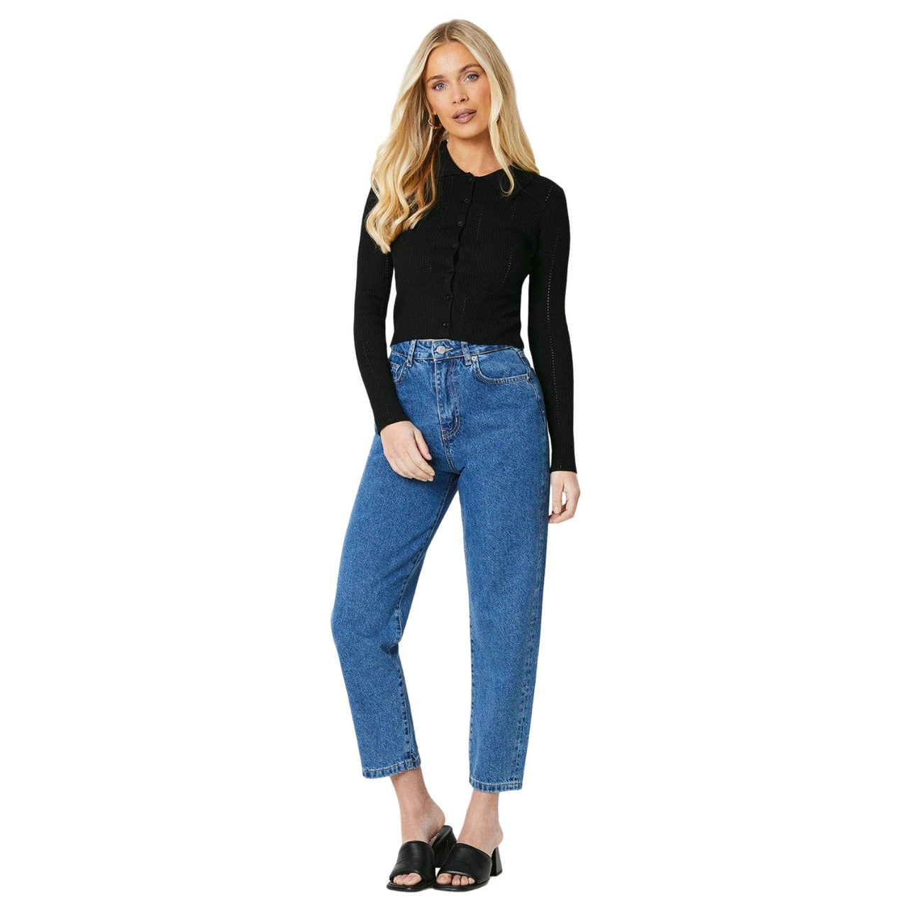 Black - Side - Principles Womens-Ladies Knitted Button Through Petite Polo Shirt