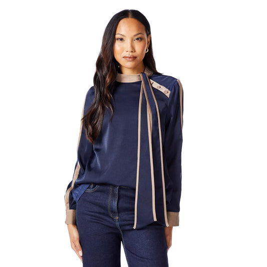 Navy - Front - Principles Womens-Ladies Contrast Detail Satin Side Tie Neck Top