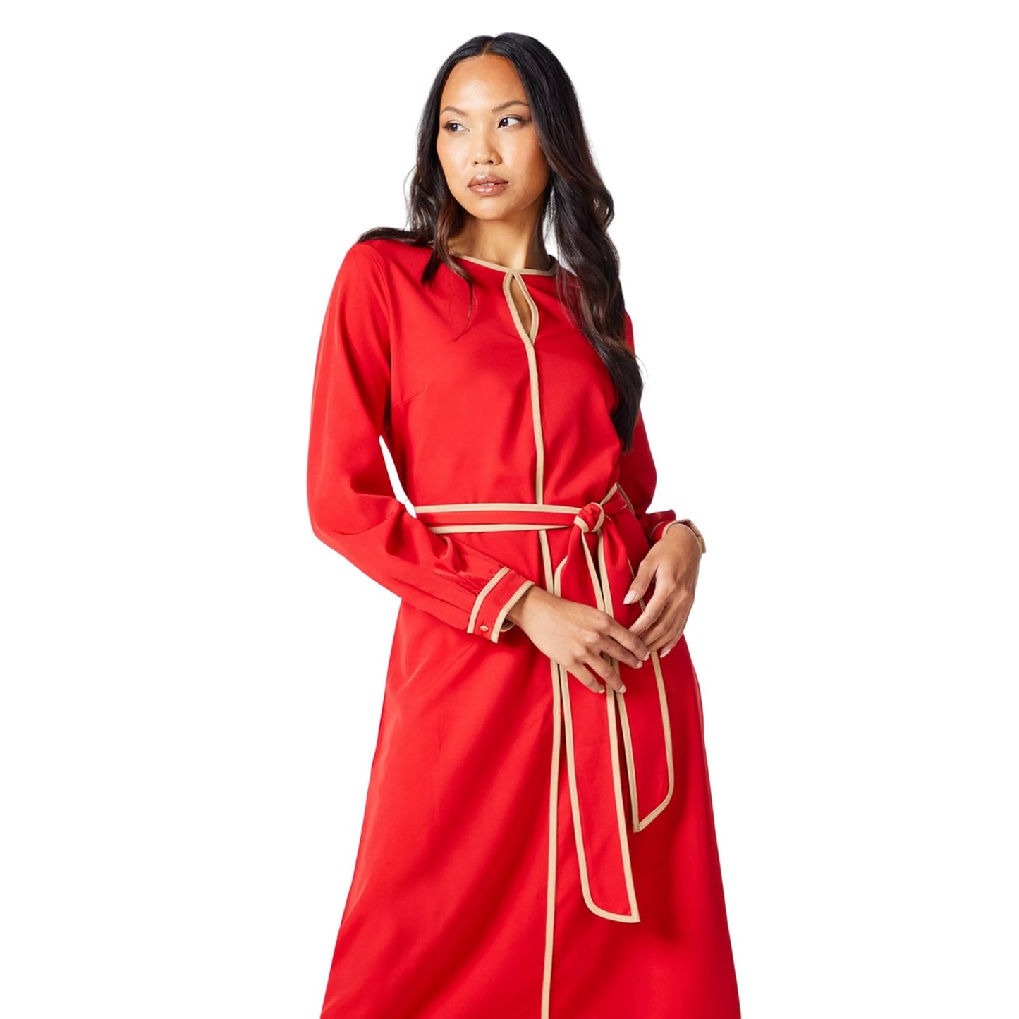 Red - Side - Principles Womens-Ladies Premium Contrast Piping Belt Midi Dress
