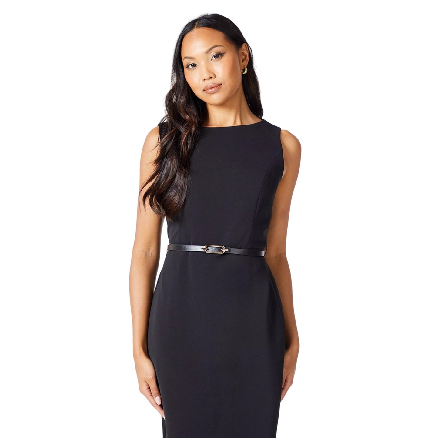 Black - Side - Principles Womens-Ladies Laser Cut Ponte Belted Midi Dress