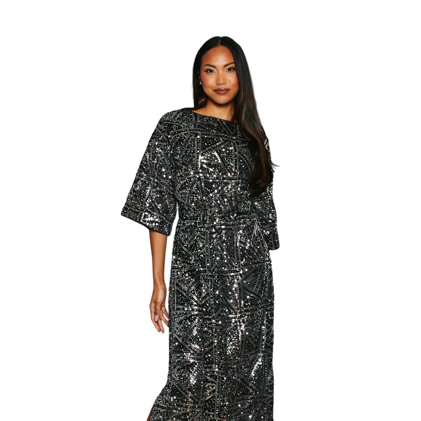Silver - Side - Principles Womens-Ladies Sequin Belted Batwing Midi Dress