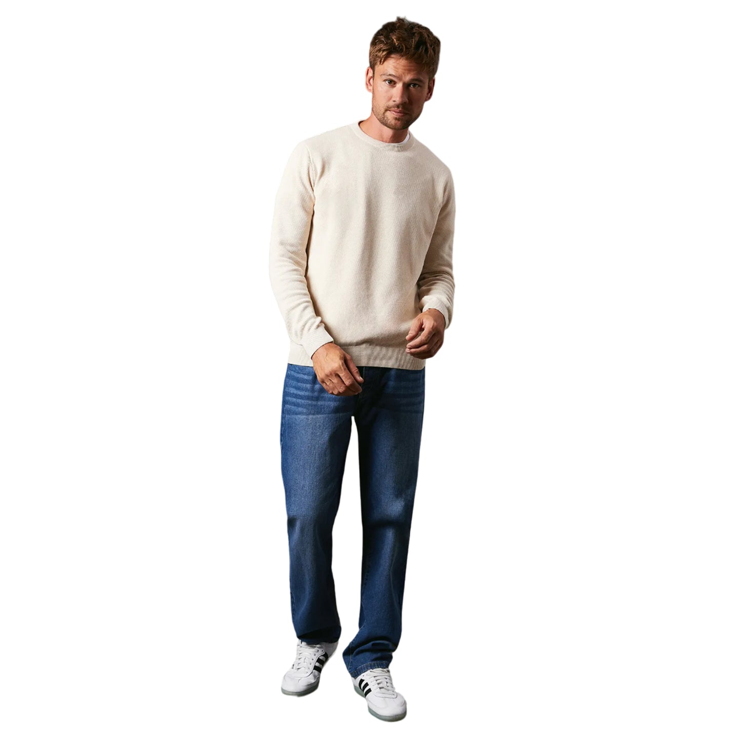 Ecru - Side - Maine Mens Knitted Honeycomb Crew Neck Jumper