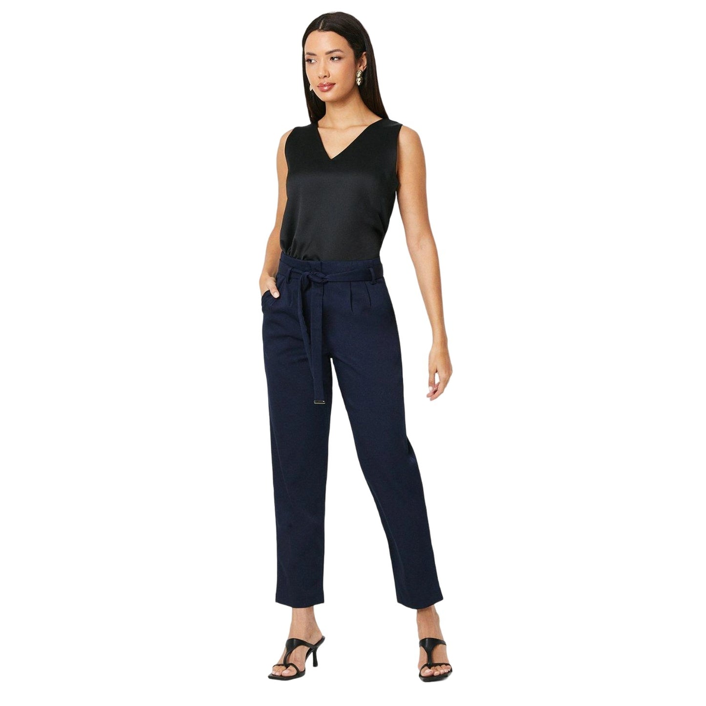 Navy - Side - Principles Womens-Ladies Belted Paperbag Trousers
