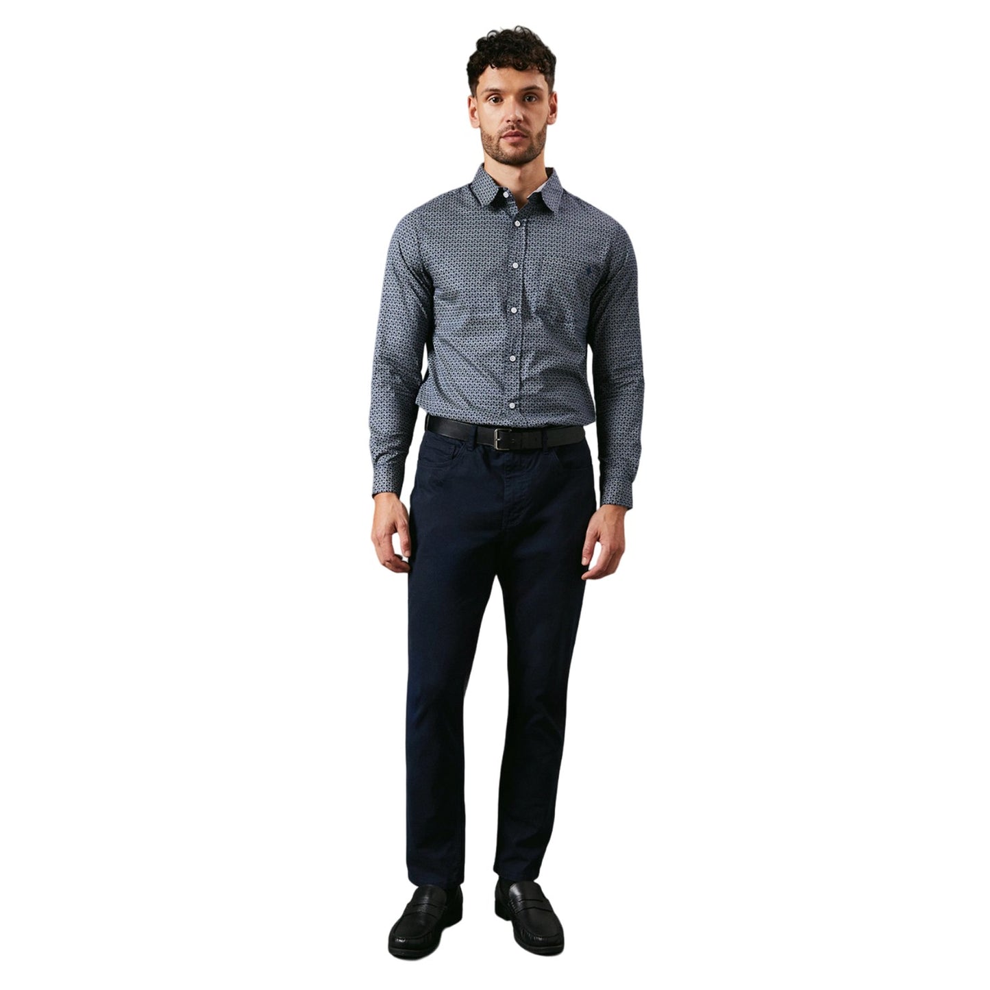 Navy - Side - Maine Mens Abstract Shape Print Long-Sleeved Shirt