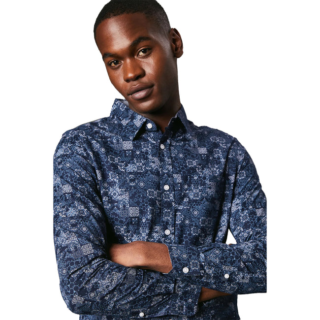 Navy - Side - Maine Mens Patchwork Long-Sleeved Shirt